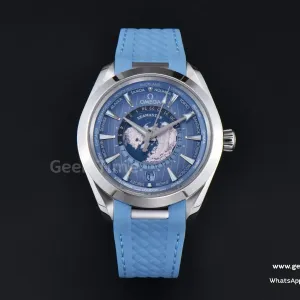 Aqua Terra 150m GMT Worldtimer 43mm VSF eisblaues Zifferblatt hellblaues Kautschukarmband A8938