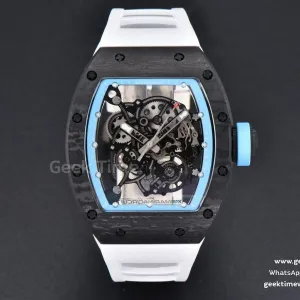 RM055 Real NTPT 42.7mm BBRF cadran squelette bleu bracelet caoutchouc blanc RMUL2