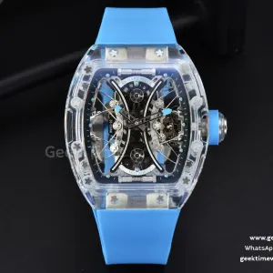 RM053-02 Transparent Case Real Tourbillon 44.5mm JBF cinturino in caucciù azzurro ghiaccio