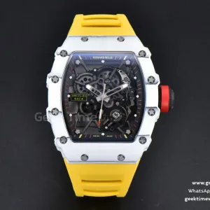 RM035-02 42mm White carbonio forgiato T+F quadrante scheletrato corona rossa cinturino in caucciù giallo RMUL2