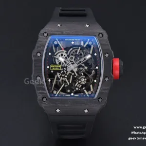 RM035-02 42mm Black carbone forgé T+F cadran squelette couronne rouge bracelet caoutchouc noir RMUL2