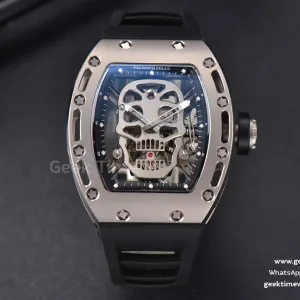 RM052 Skull titanio Real Tourbillon 50mmx42mm JBF quadrante scheletrato su cinturino in caucciù nero