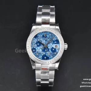 DateJust 31mm 904L GMF lunetta con diamanti quadrante blu a fiori bracciale Oyster A2824