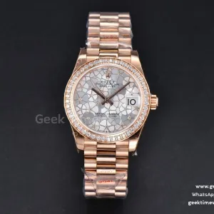 DateJust 31mm 904L RG GMF lunetta con diamanti quadrante argento a fiori bracciale President A2824