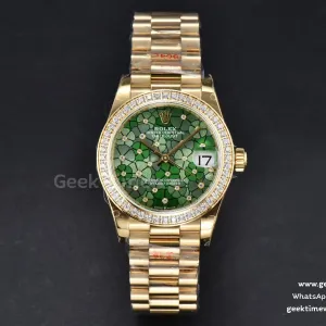 DateJust 31mm 904L YG GMF lunetta con diamanti quadrante verde a fiori bracciale President A2824