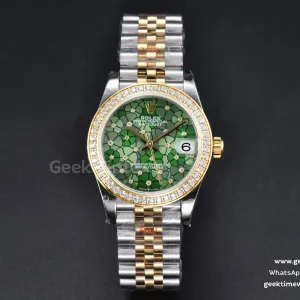 DateJust 31mm 904L YG GMF lunetta con diamanti quadrante verde a fiori bracciale Jubilee A2824
