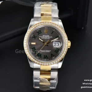 DateJust 36mm YG/SS Diamond BPF quadrante grigio Wimbledon indice Roma verde bracciale Oyster A2824