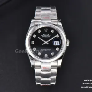 DateJust 36mm SS GMF lunetta liscia quadrante nero indice diamantato bracciale Oyster VR3235