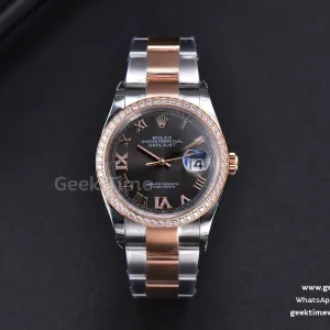 DateJust 36mm SS/RG EWF quadrante nero indice Roma lunetta Roma con diamanti bracciale Oyster A3235