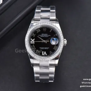 DateJust 36mm SS EWF quadrante nero indice Roma diamantato lunetta con diamanti bracciale Oyster A3235