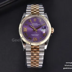 DateJust 36mm 904L YG/SS GMF lunetta zigrinata quadrante viola indice Roma bracciale Jubilee VR3285