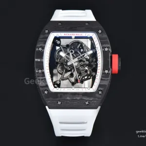 RM055 APSF 42.7mm White Skeleton Dial Black Bezel Red Crown White Rubber Strap RMUL2