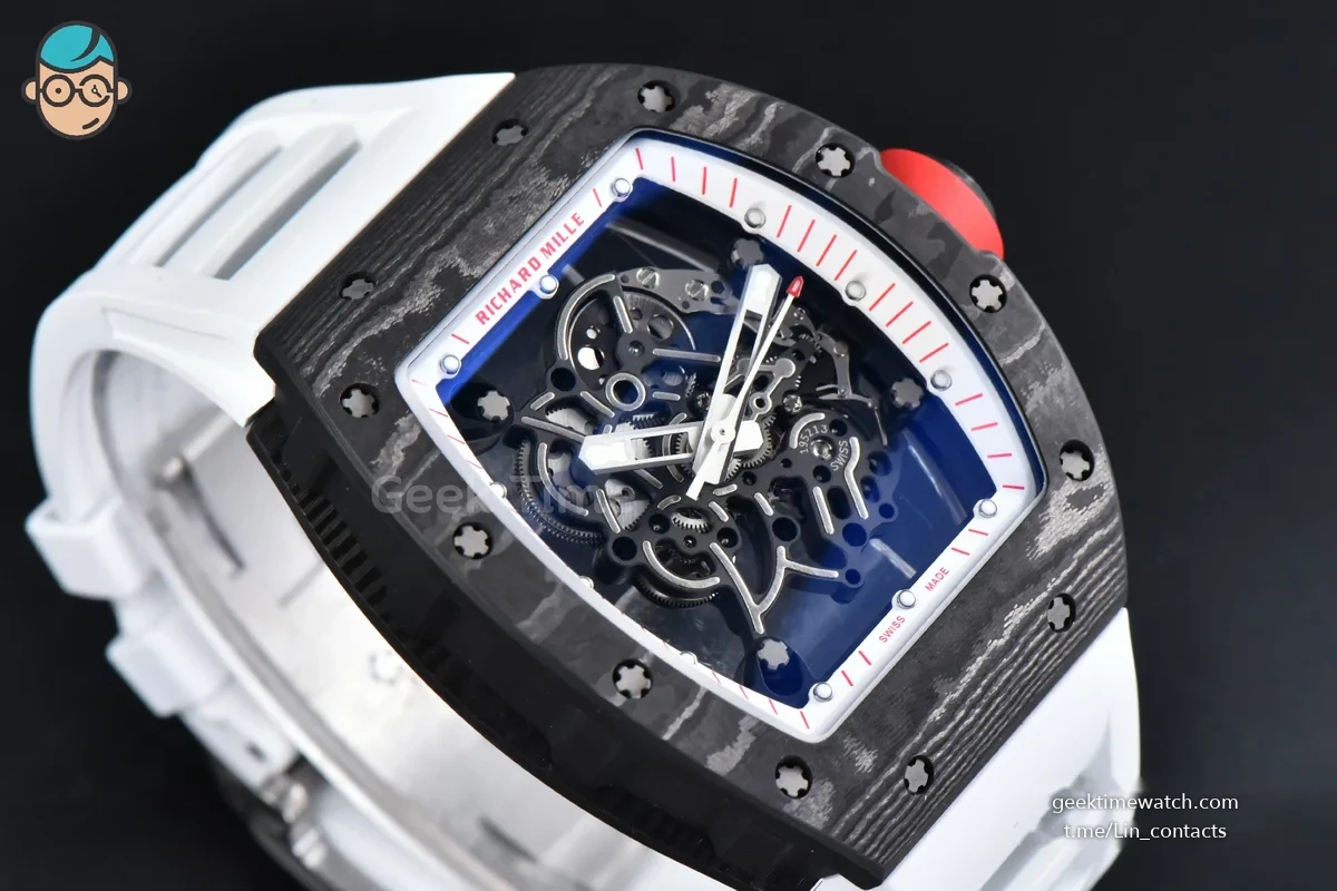 RM055 APSF 42.7mm White Skeleton Dial Black Bezel Red Crown White Rubber Strap RMUL2
