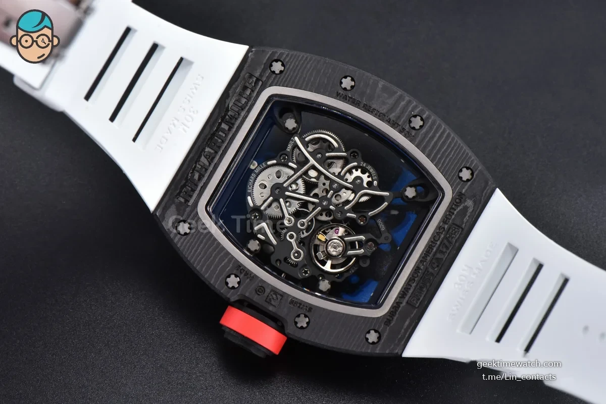 RM055 APSF 42.7mm White Skeleton Dial Black Bezel Red Crown White Rubber Strap RMUL2