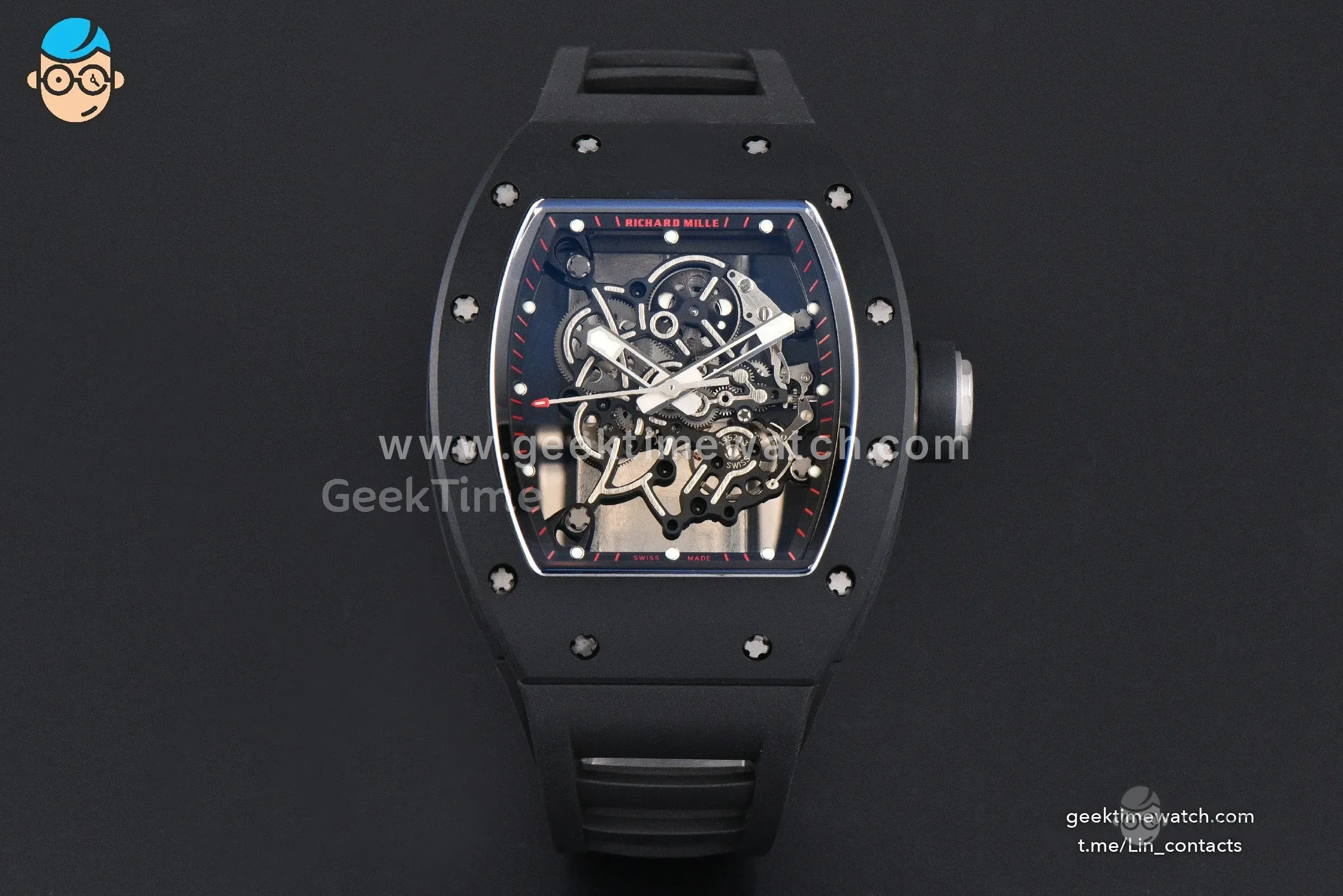 RM055 Ceramic APSF 42.7mm Black Bezel Black Skeleton Dial Black Crown on Black Rubber Strap RMUL2