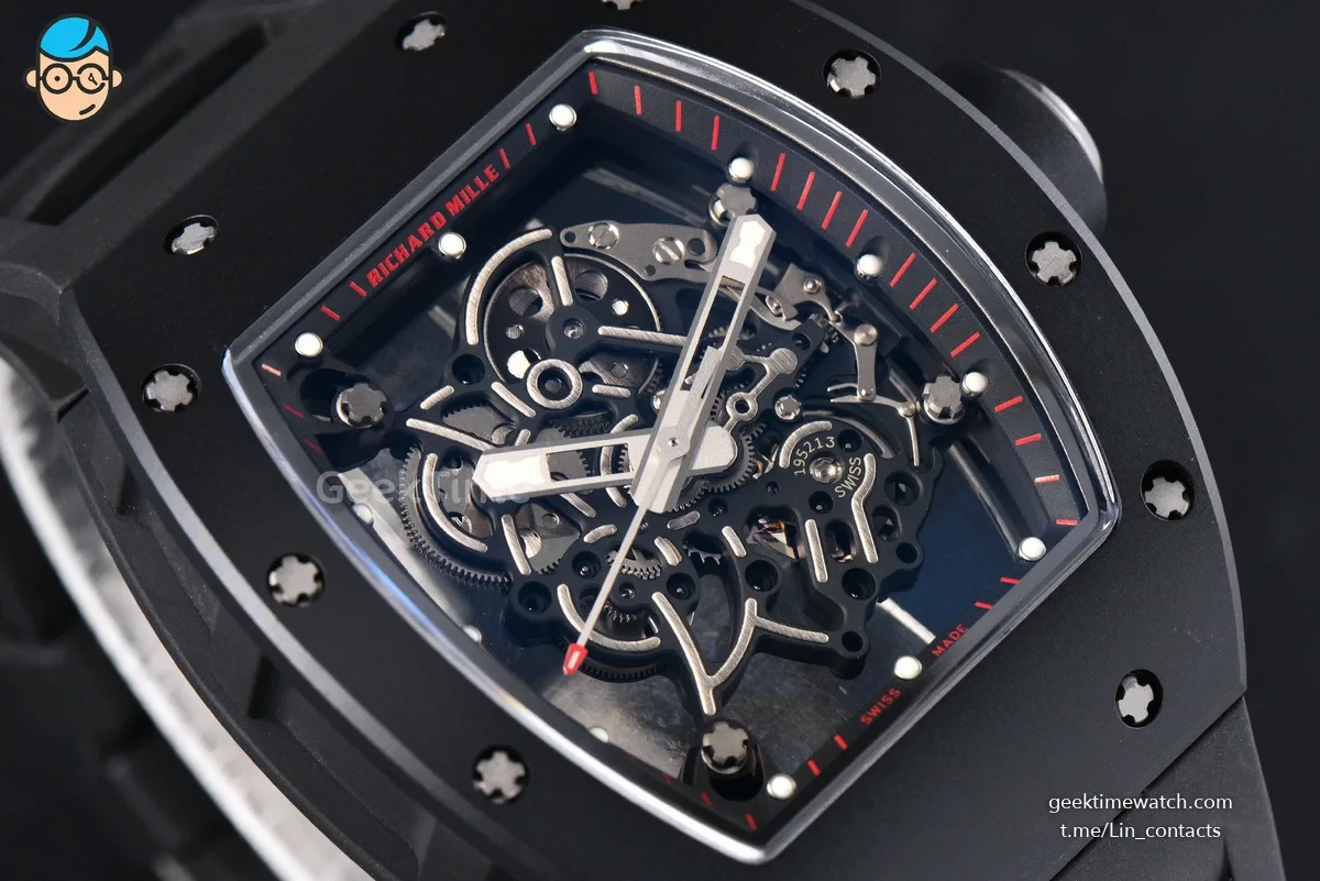 RM055 Ceramic APSF 42.7mm Black Bezel Black Skeleton Dial Black Crown on Black Rubber Strap RMUL2