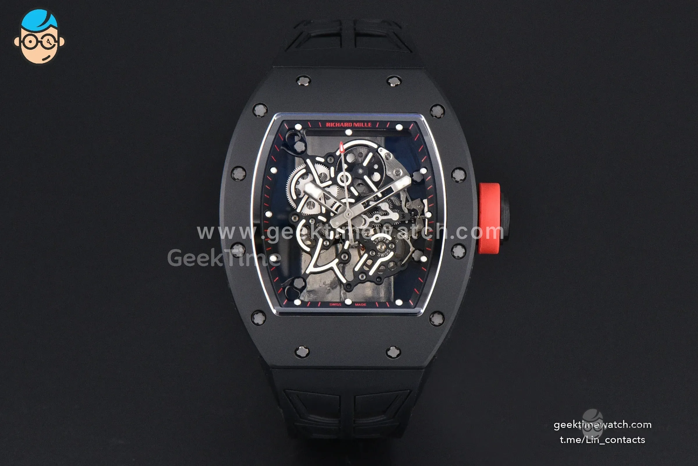 RM055 Ceramic ZF 42.7mm Black Bezel Black Skeleton Dial Red Crown on Black Rubber Strap RMUL2