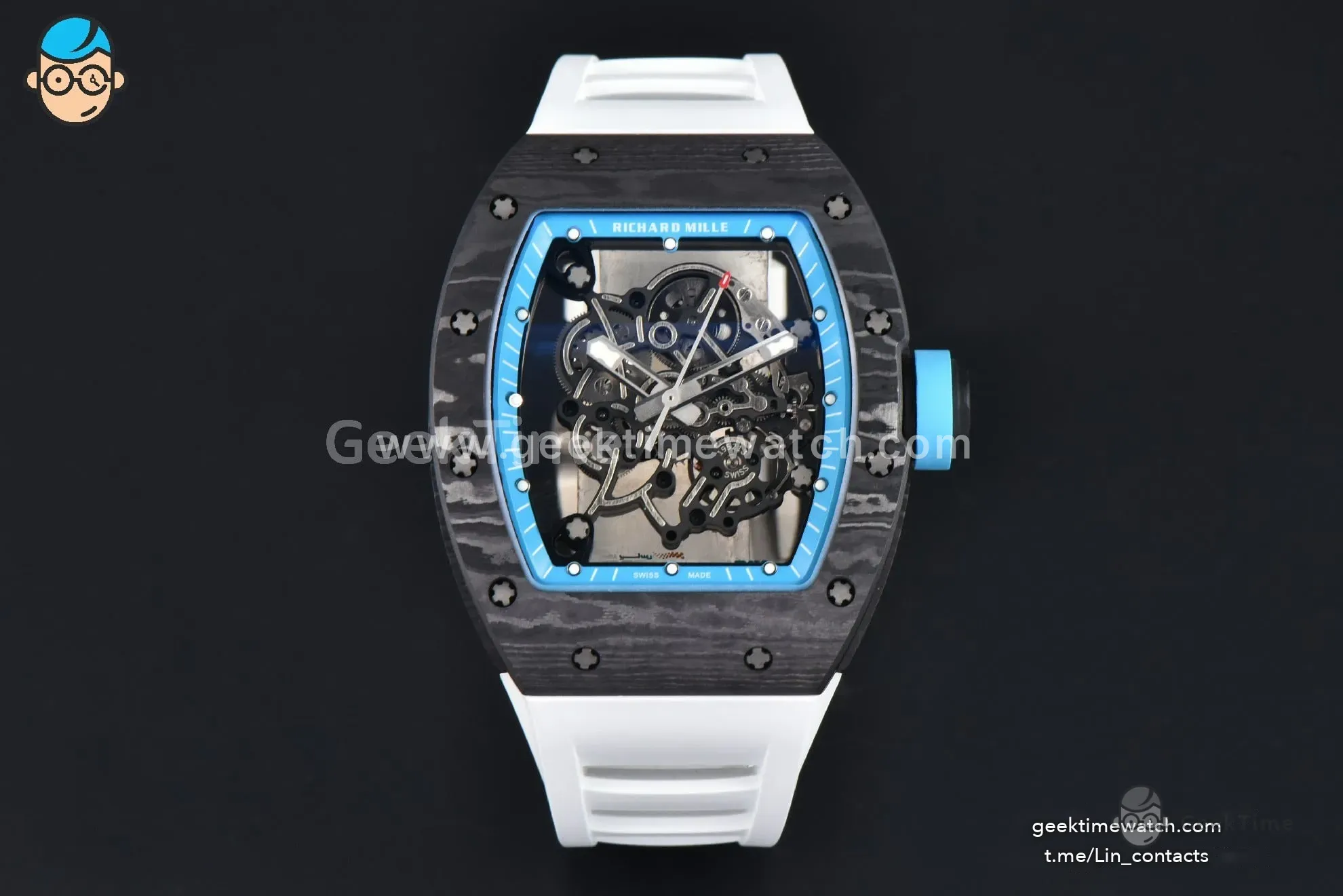 RM055 NTPT APSF 42.7mm Black Bezel Blue Skeleton Dial Blue Crown on White Rubber Strap RMUL2