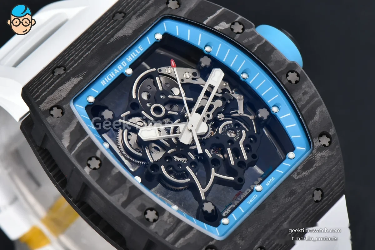 RM055 NTPT APSF 42.7mm Black Bezel Blue Skeleton Dial Blue Crown on White Rubber Strap RMUL2