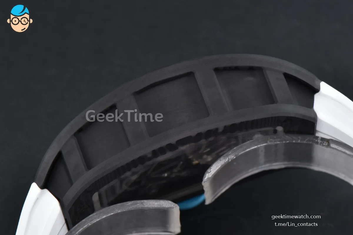 RM055 NTPT APSF 42.7mm Black Bezel Blue Skeleton Dial Blue Crown on White Rubber Strap RMUL2