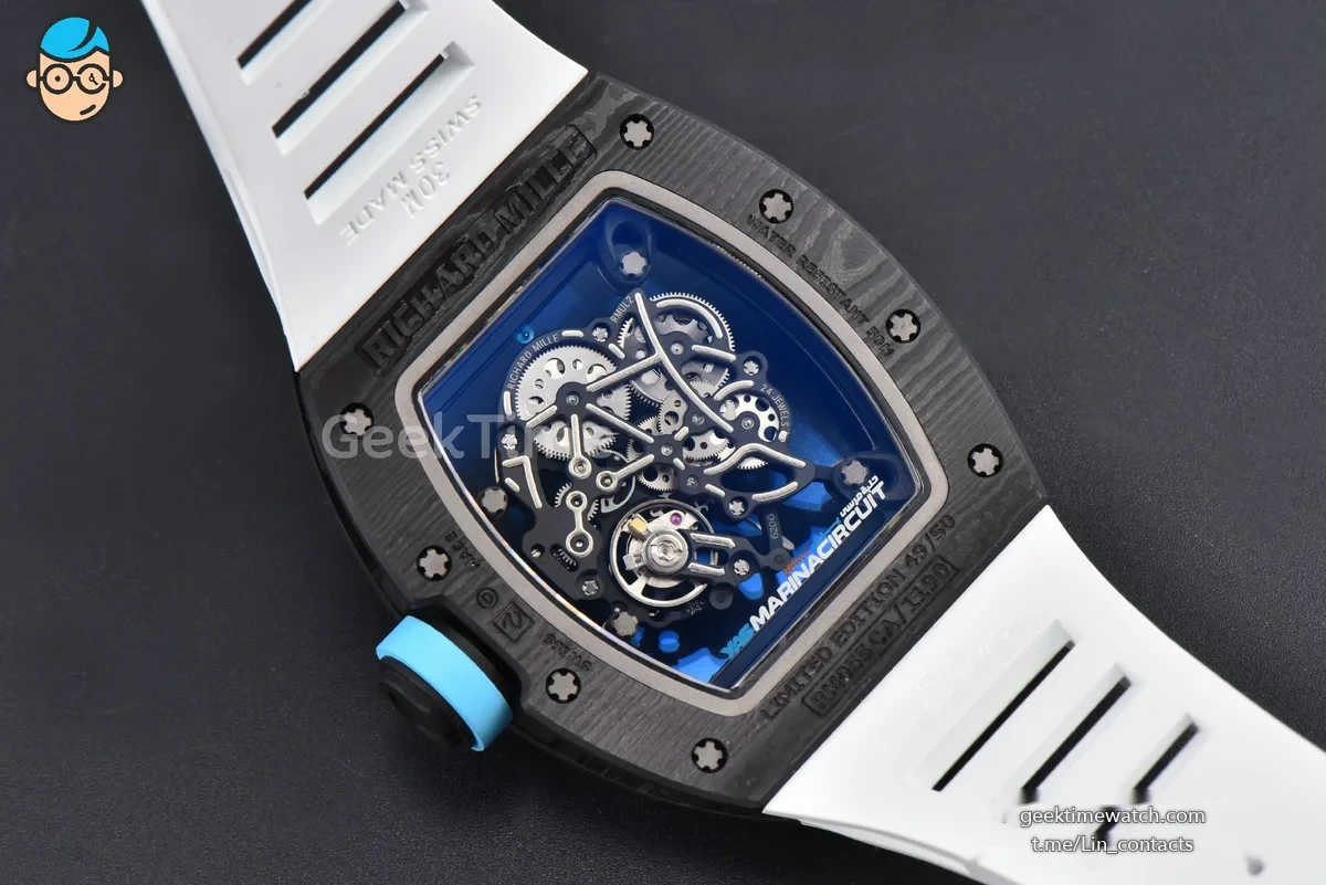 RM055 NTPT APSF 42.7mm Black Bezel Blue Skeleton Dial Blue Crown on White Rubber Strap RMUL2
