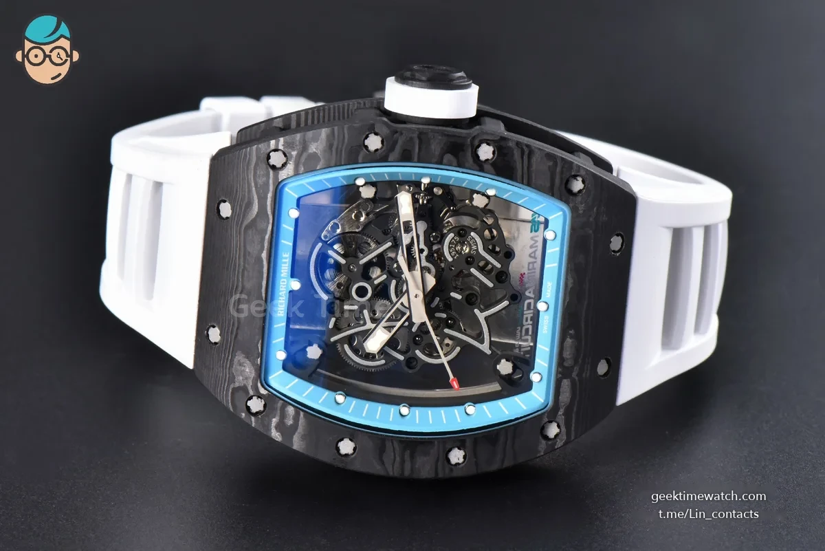 RM055 NTPT ZF Blue Bezel White Crown on White Rubber Strap RMUL2 Super Clone V6