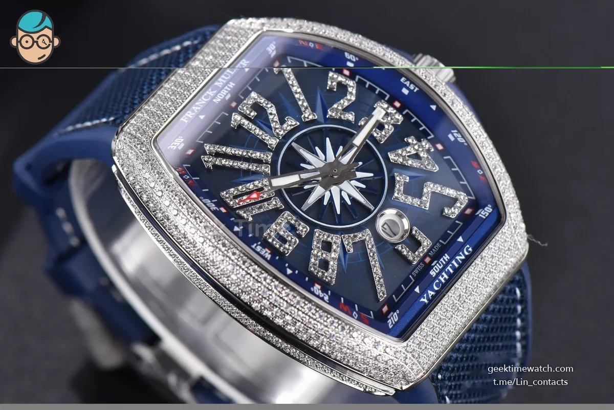 Vanguard V45 SS Full Diamonds ZF Blue Textured Dial on Blue Rubber Strap MIYOTA 9015