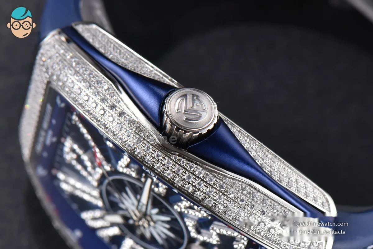 Vanguard V45 SS Full Diamonds ZF Blue Textured Dial on Blue Rubber Strap MIYOTA 9015