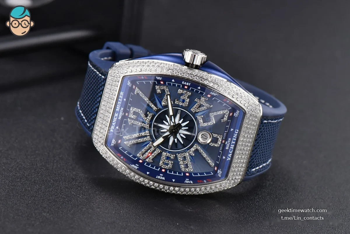 Vanguard V45 SS Full Diamonds ZF Blue Textured Dial on Blue Rubber Strap MIYOTA 9015